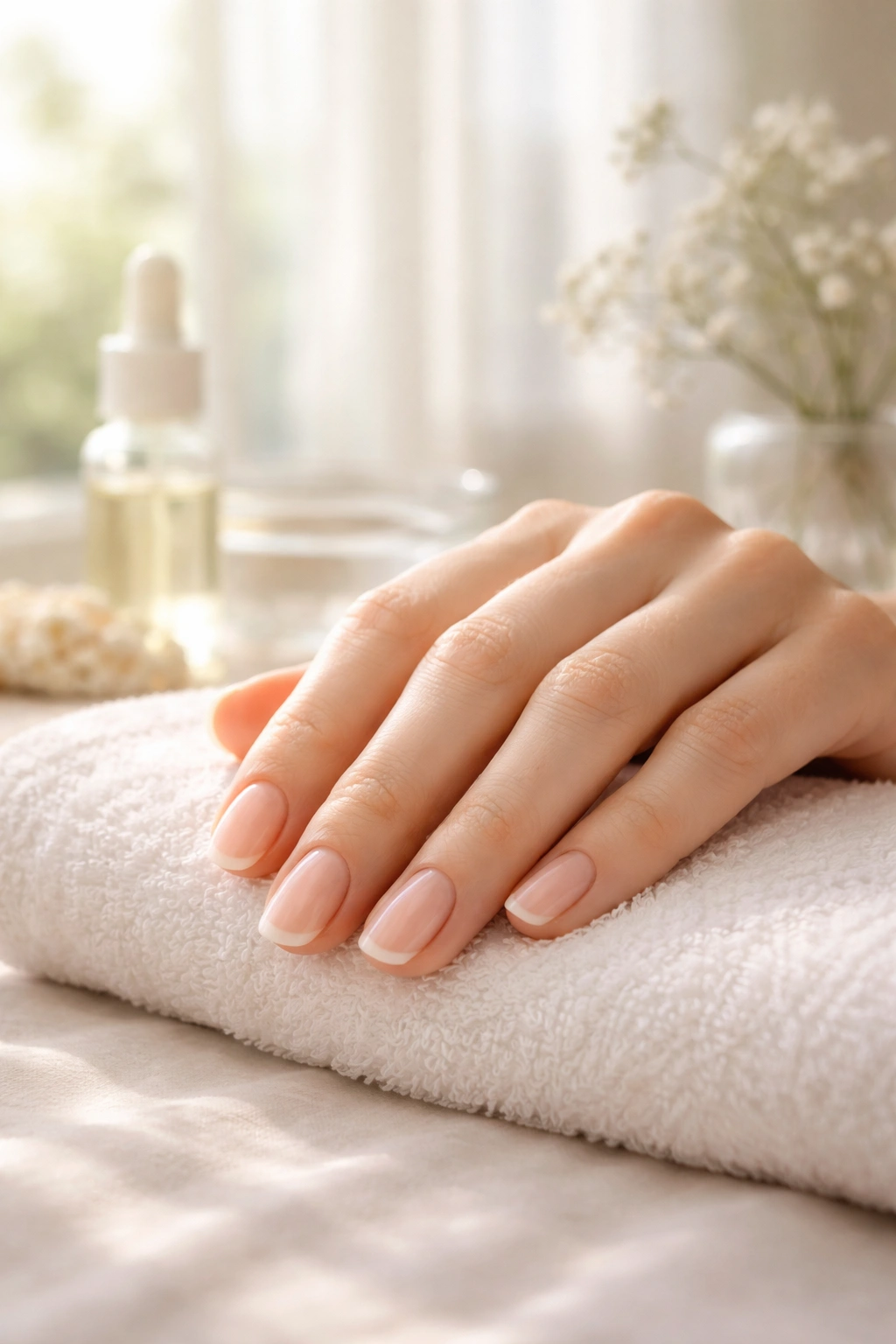 Bare natural nails resting on a soft surface in daylight