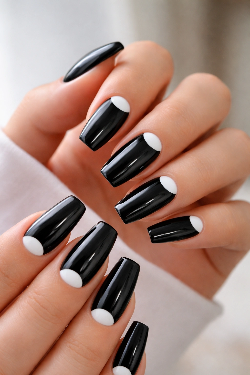 Close-up of deep black nails with white crescent moons at the cuticle