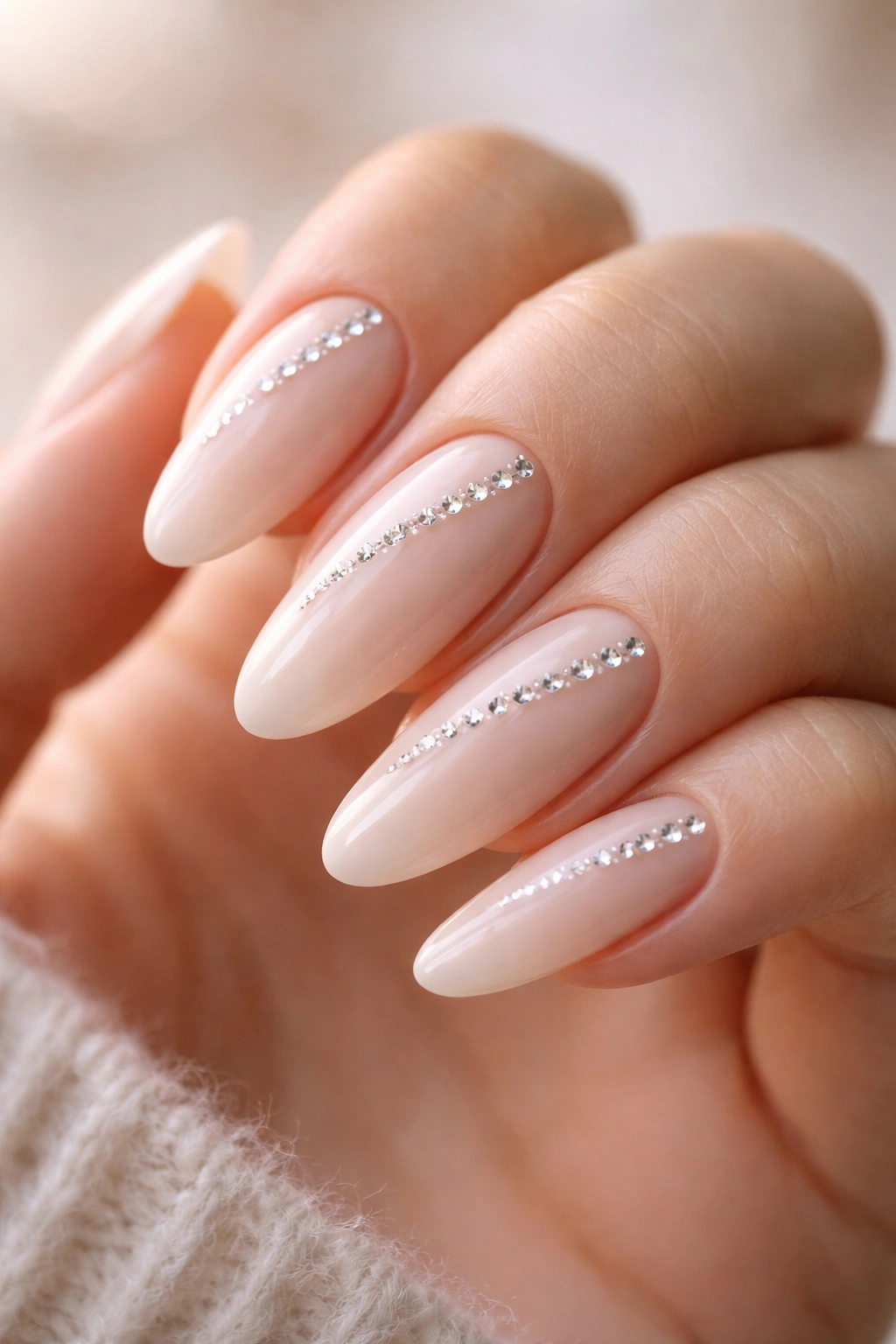 Close-up of long oval nails with a milky nude base and rhinestone curve along the cuticle