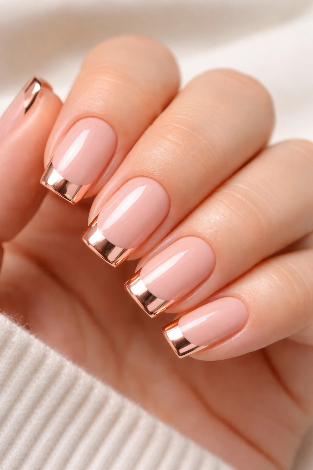 Close-up of rose gold metallic tips on short squoval nails