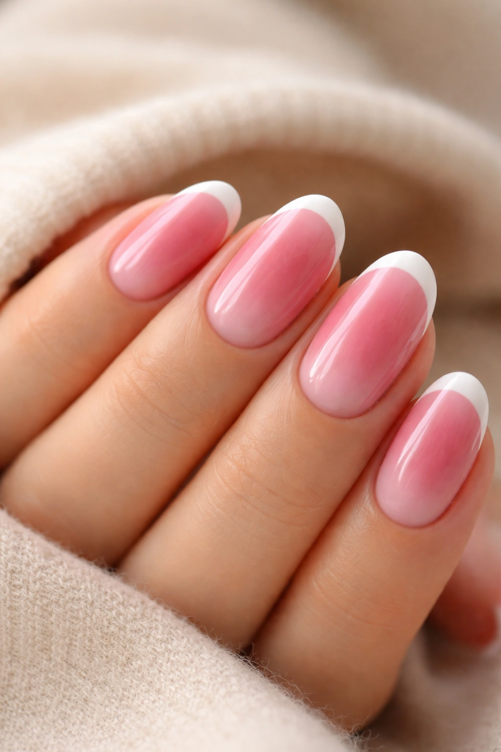 Close-up of short oval nails with rose pink and white edge on tip