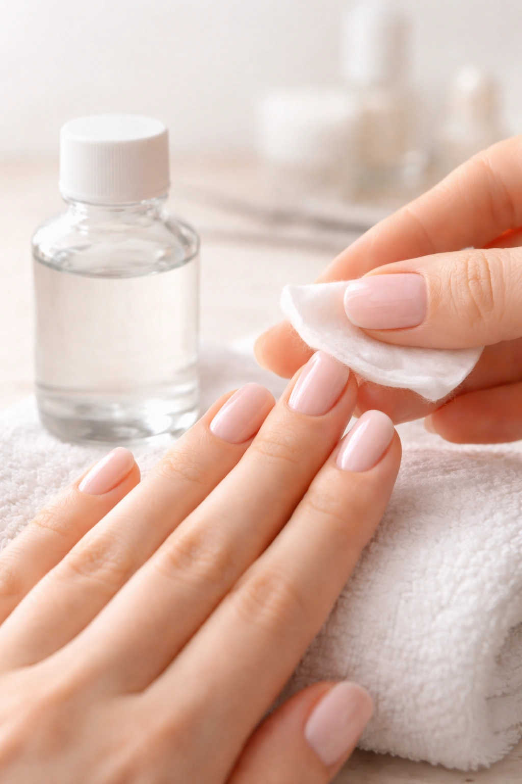 Close-up of nails during alcohol-based polish removal using a small unlabeled bottle and cotton pad