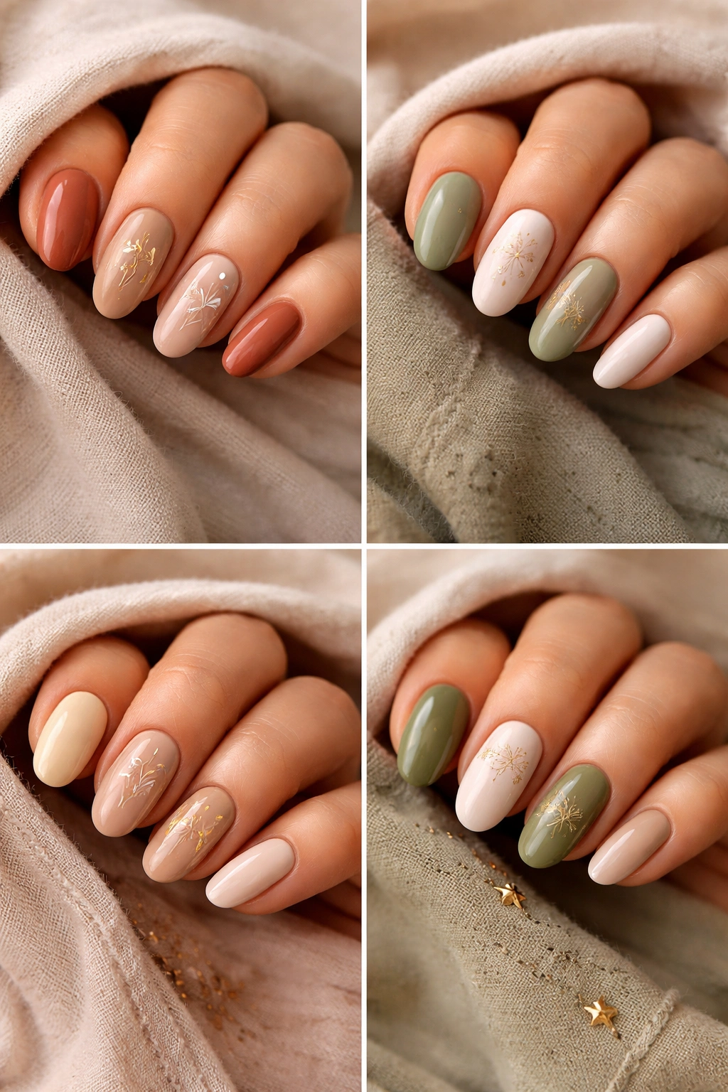 Short almond nails showing boho shade pairings in warm muted tones