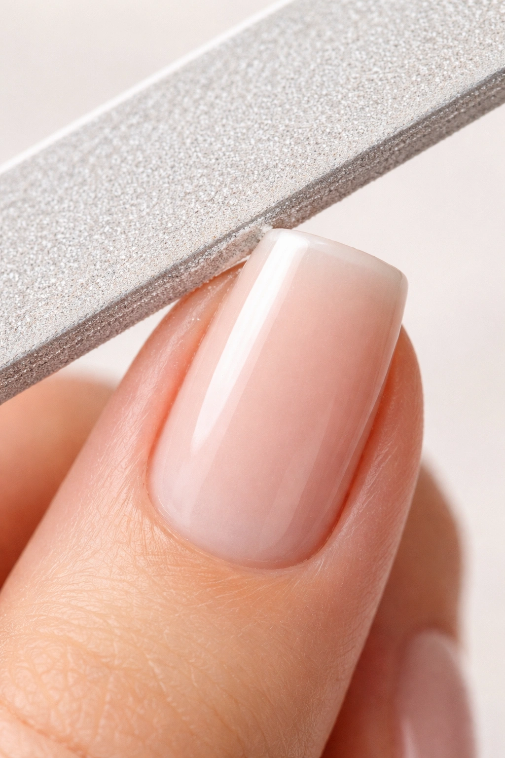 Close-up of nail edge being filed at a gentle angle to adjust shape