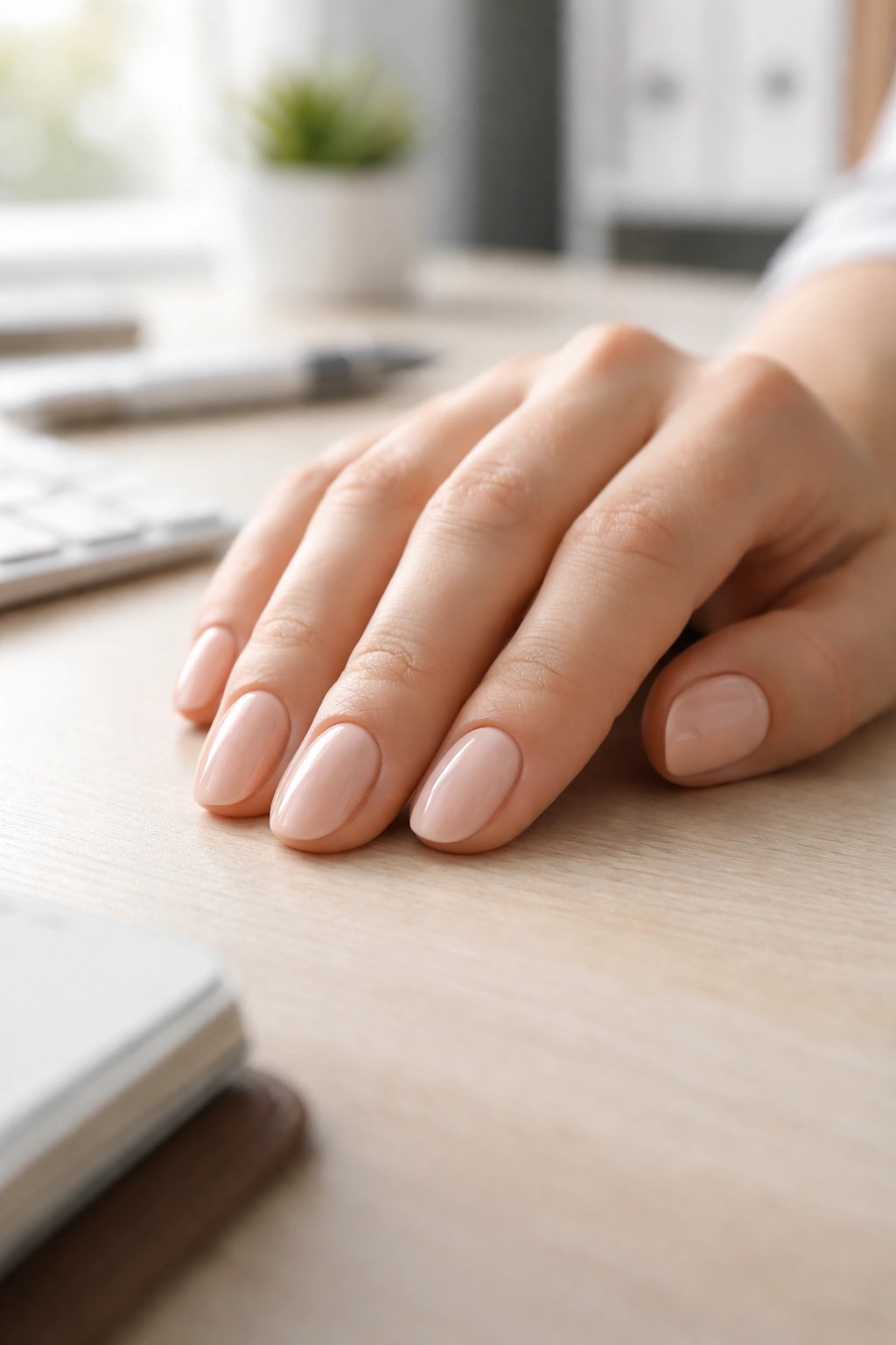 Close-up of a hand with rounded practical nails on a neutral desk surface