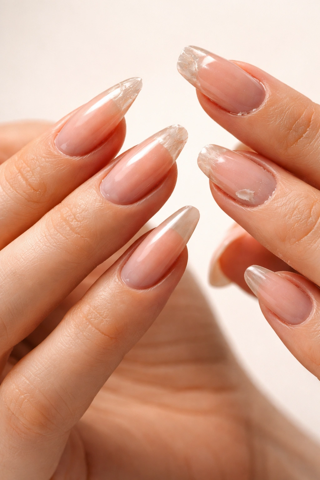 Close-up of nails showing common mistakes like over-filed thin tips and chips