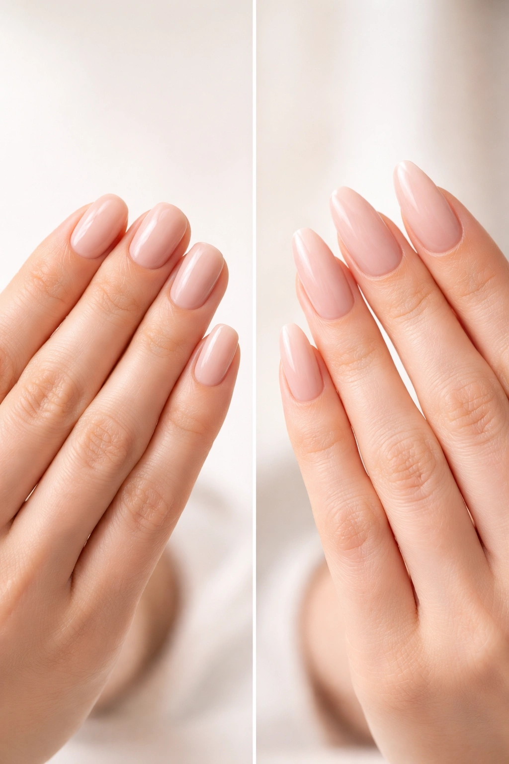 Close-up of nails showing short and long lengths on hands for comparison