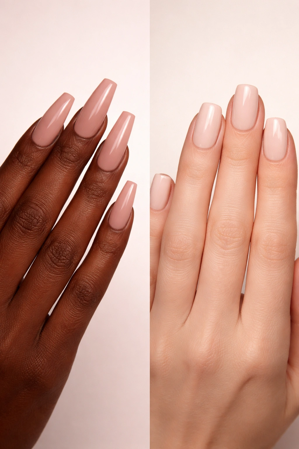 Hands with different skin tones showing coffin nails and squoval nails to illustrate contrast