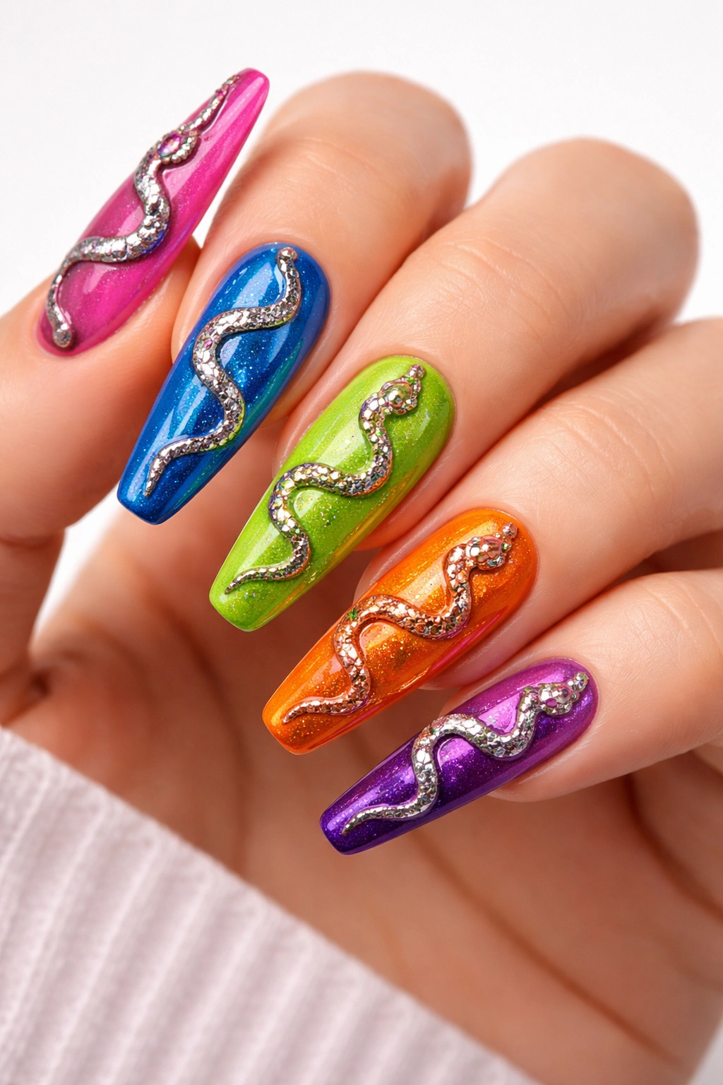 Close-up of five-color nails with metallic snake details on each nail