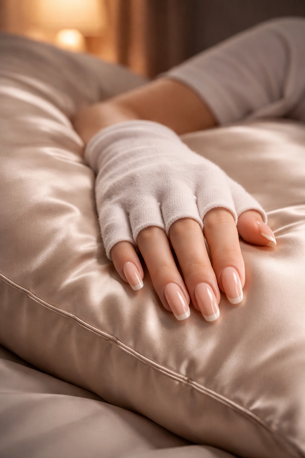 Close-up of a hand with nails protected by a sleep glove on a satin pillow