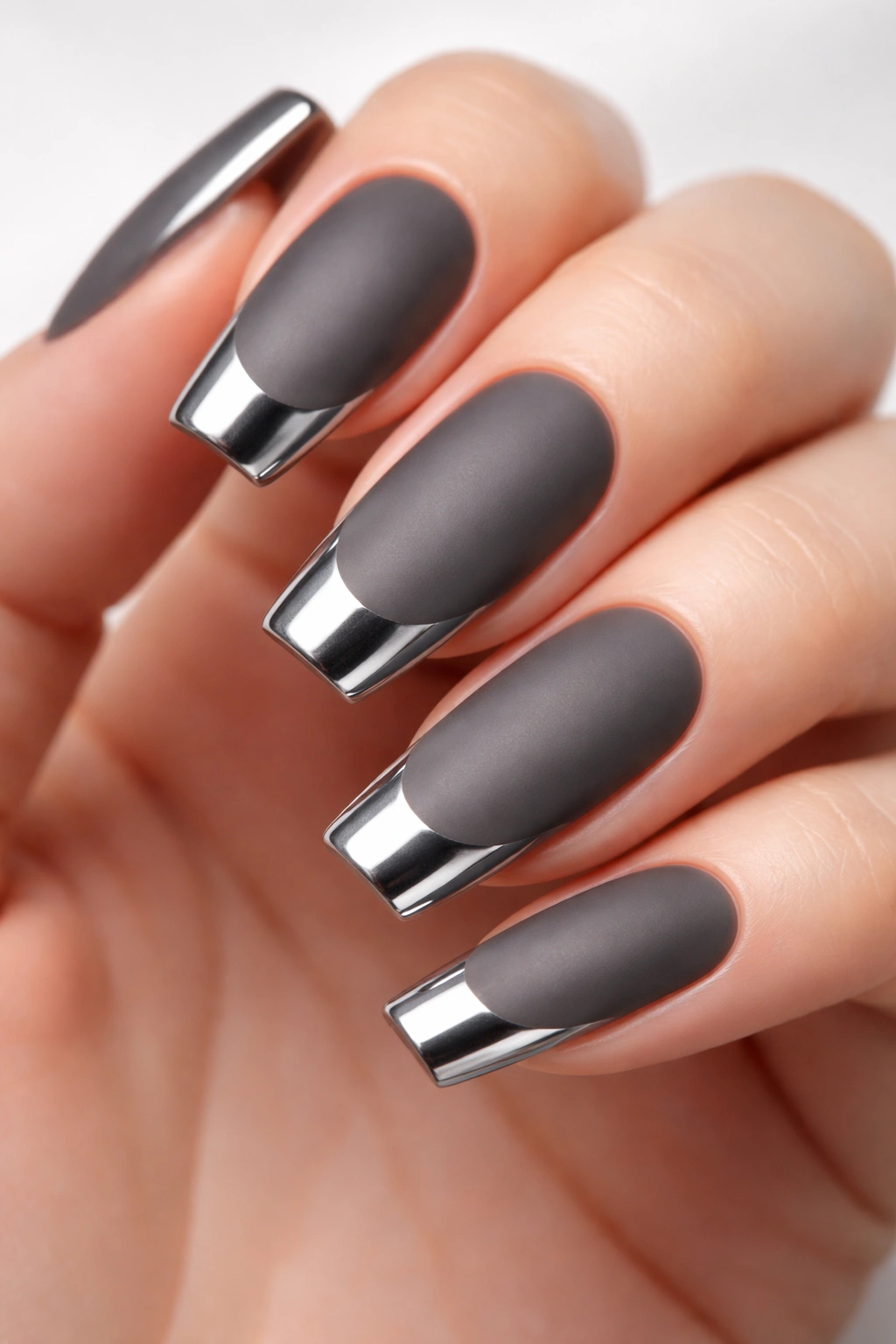 Long squoval nails with matte smoky gray base and chrome tips