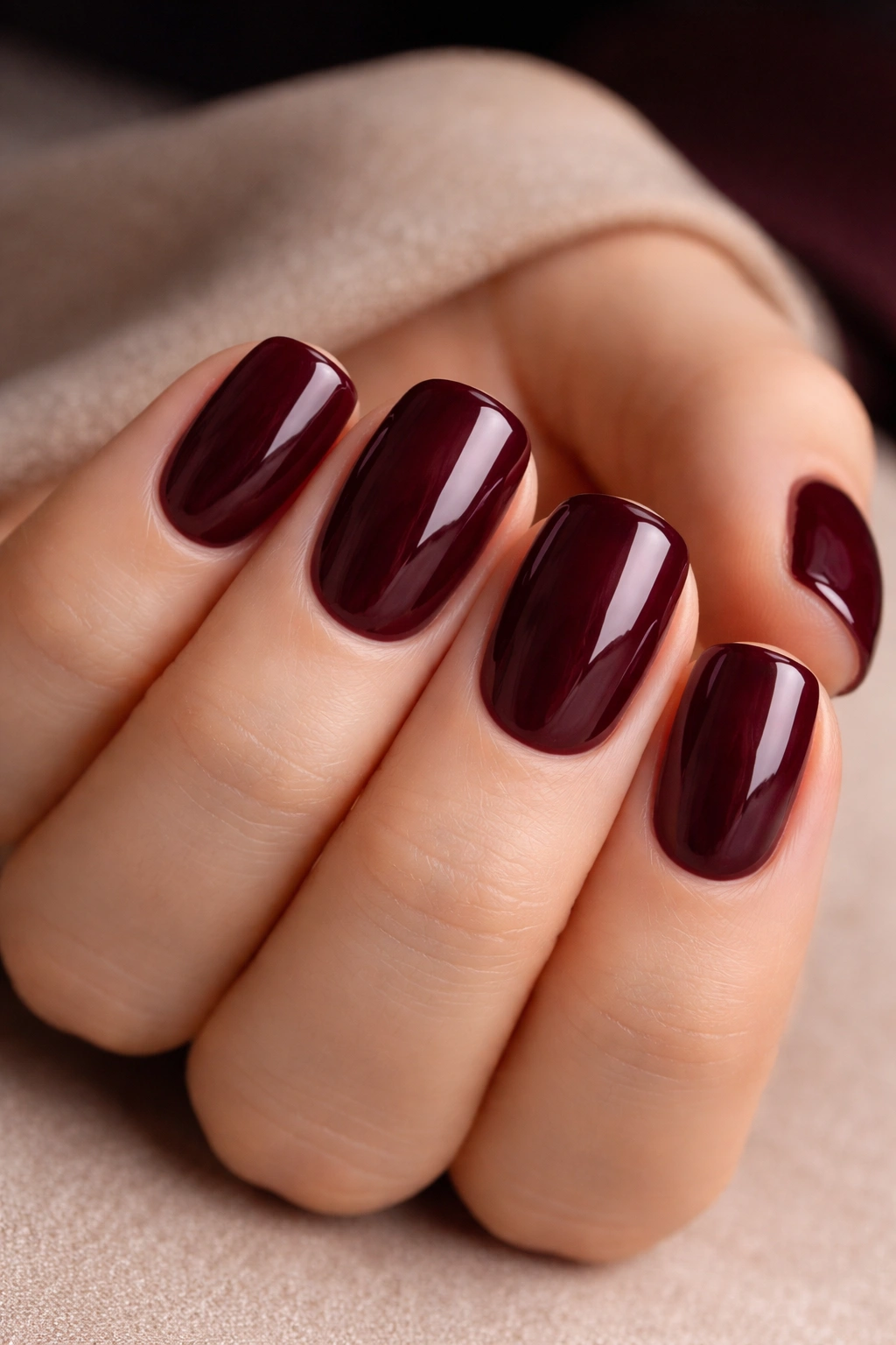 Close-up of deep burgundy glossy squoval nails on short nails