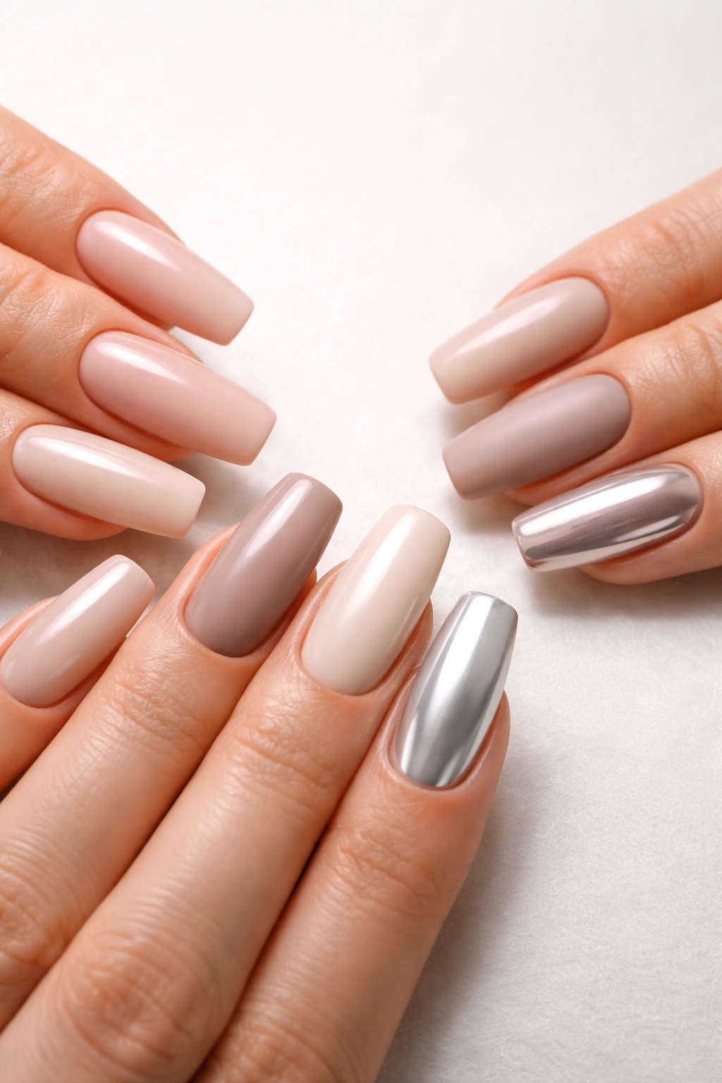 Close-up of long squoval nails showing varied finishes for final thoughts