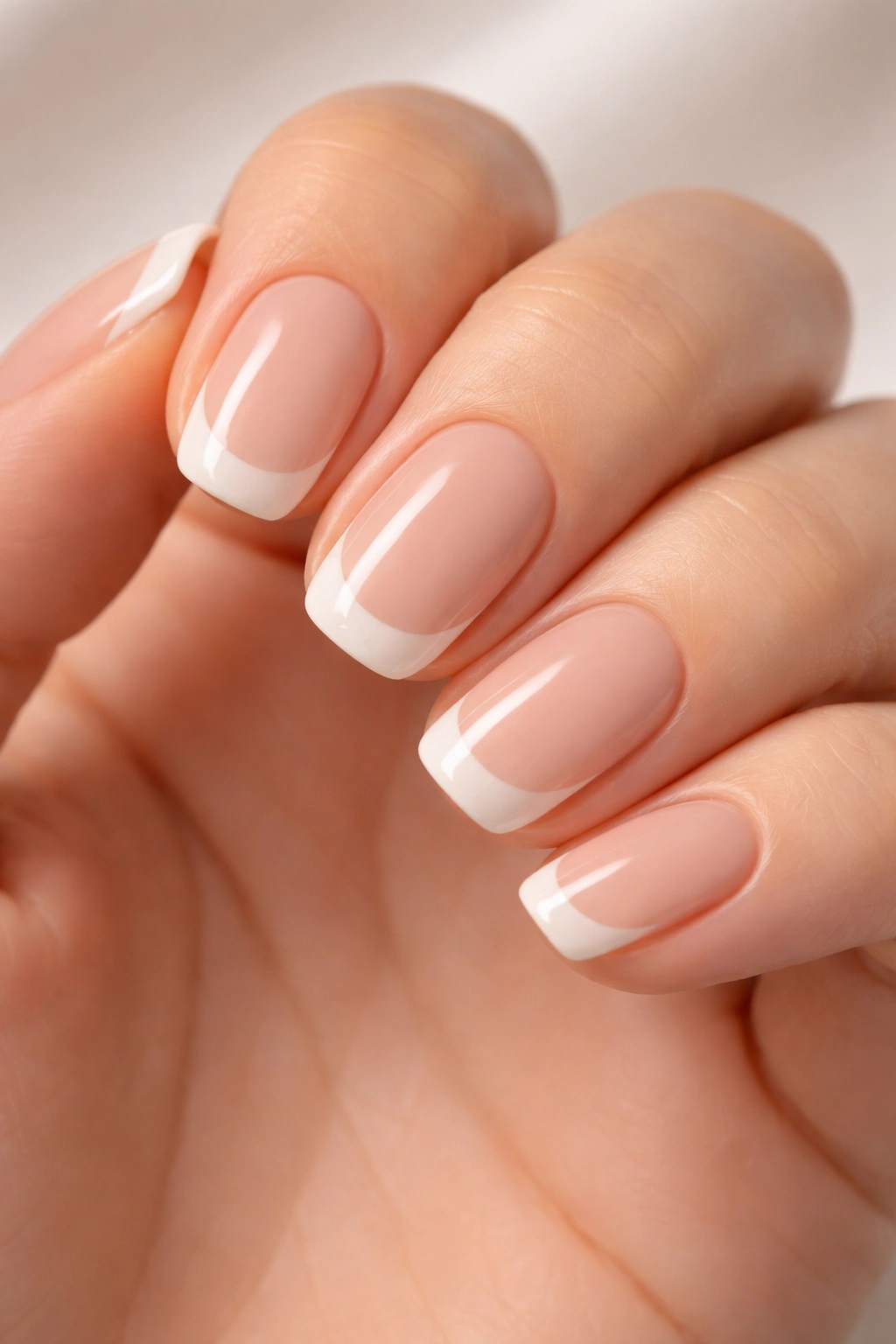 Close-up of short squoval nails with soft nude base and creamy white tips