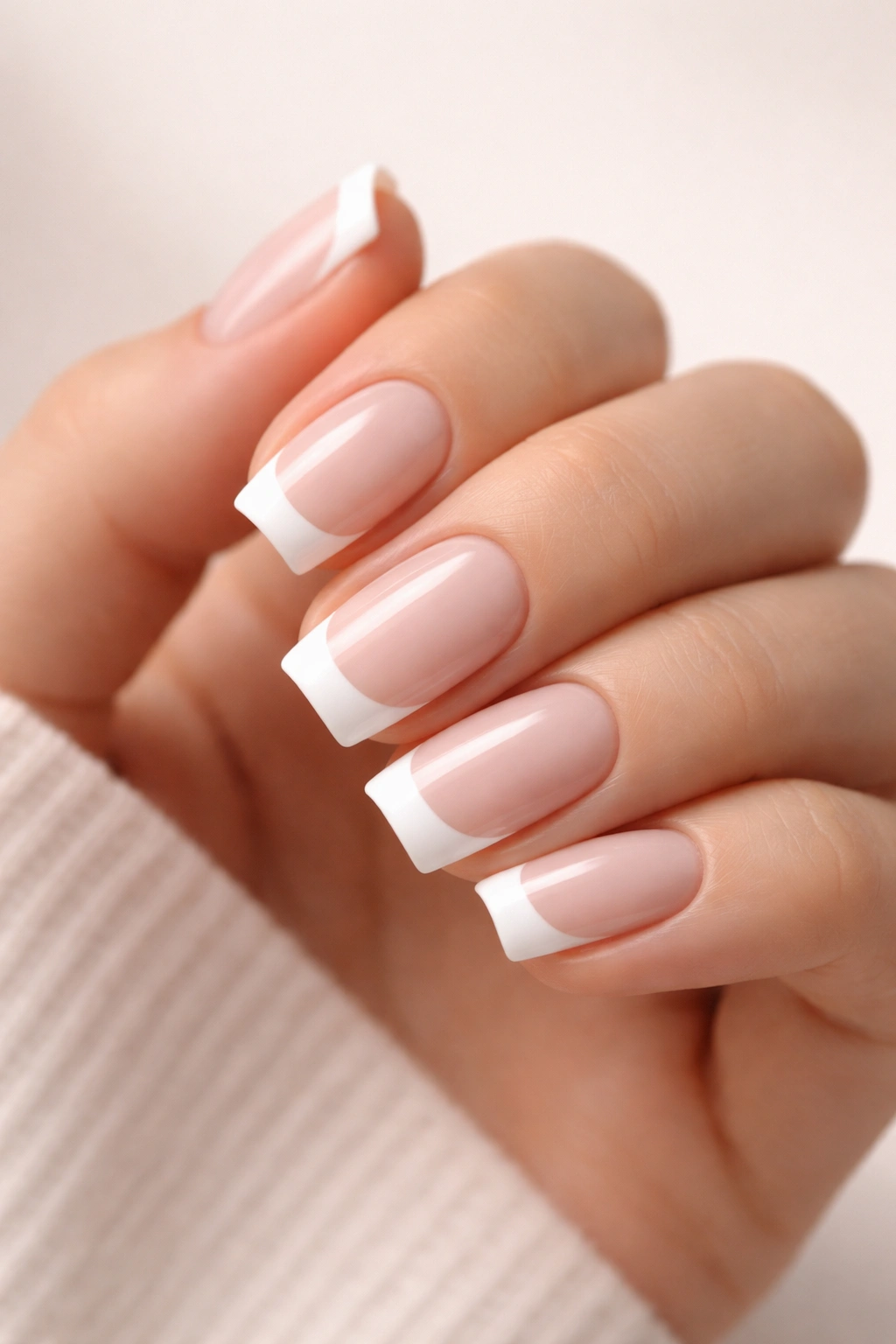 Close-up of hand with short squoval nails and crisp French tips
