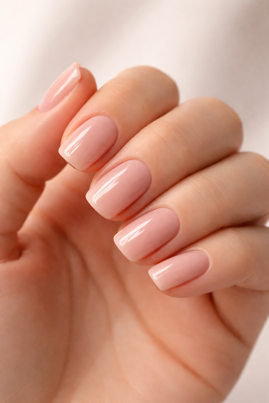 Close-up of glossy nude pink squoval nails on a hand