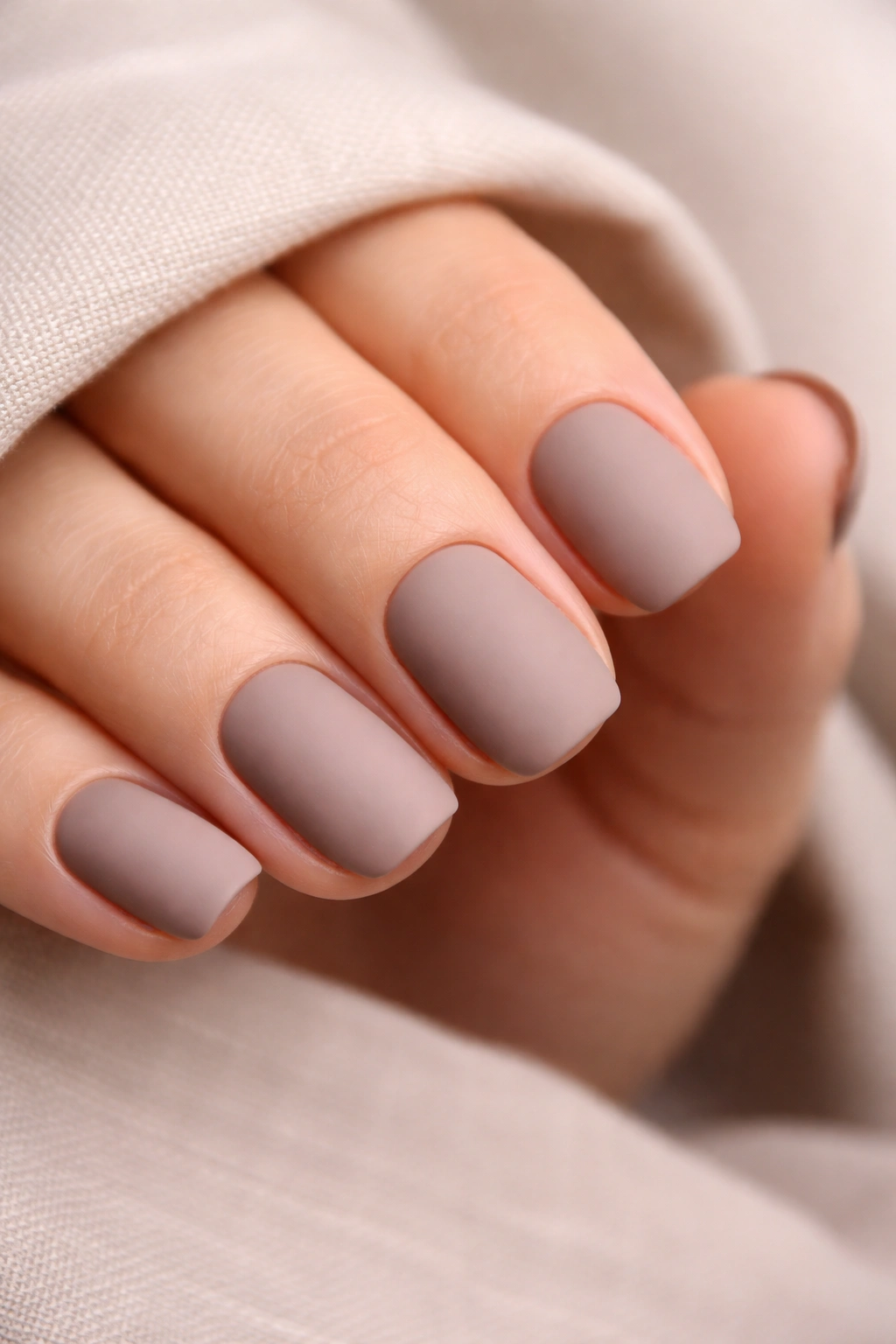 Close-up of warm taupe matte finish on short squoval nails