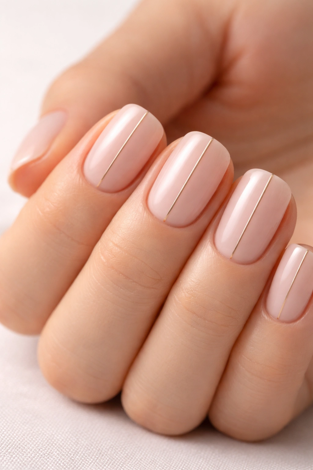 Close-up of short squoval nails with a single thin line
