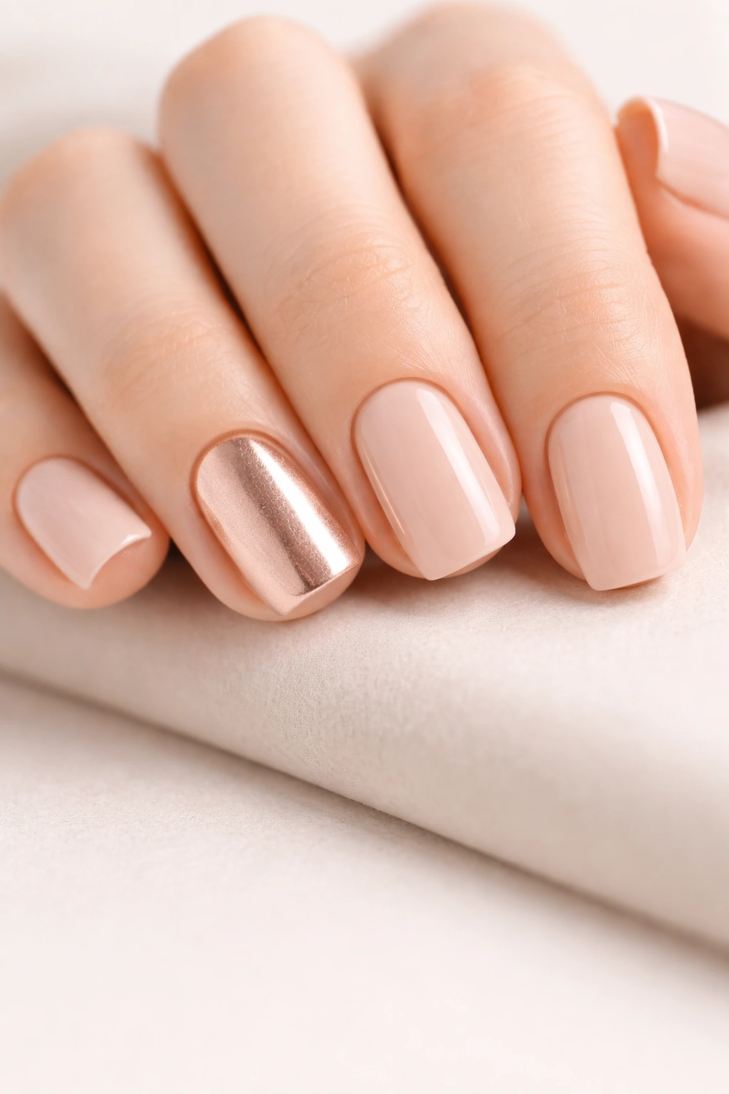 Close-up of short squoval nails in warm nude base with a chrome-accent nail