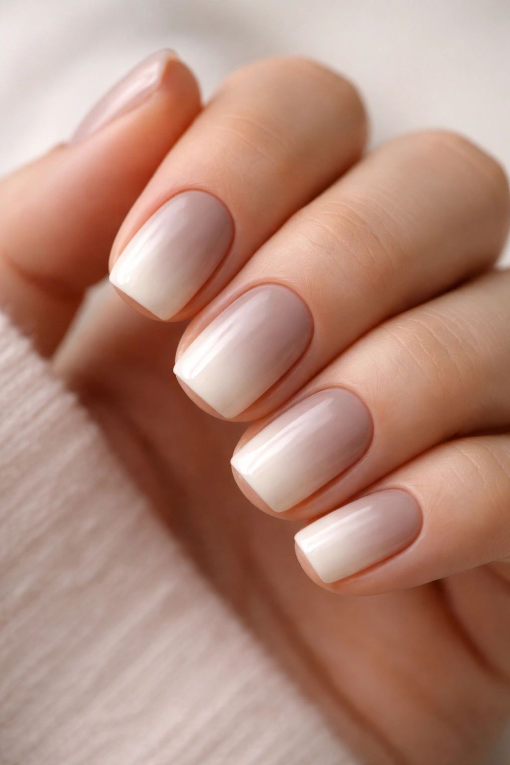 Short squoval nails with soft taupe-to-cream ombre