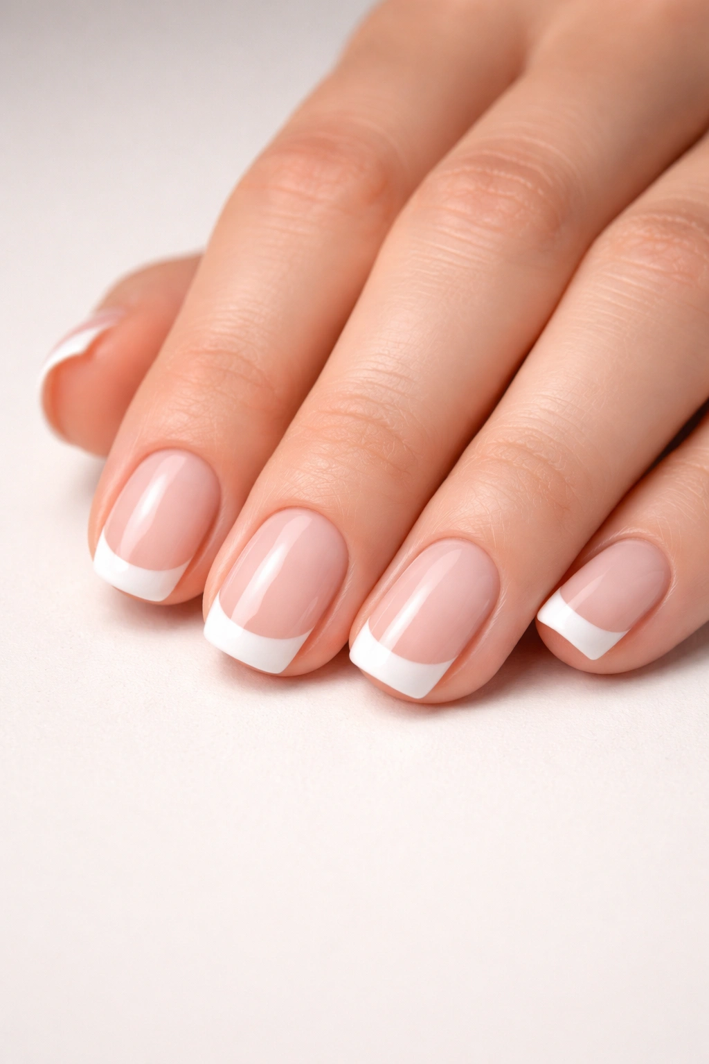 Close-up of short squoval nails with crisp white tips on natural base
