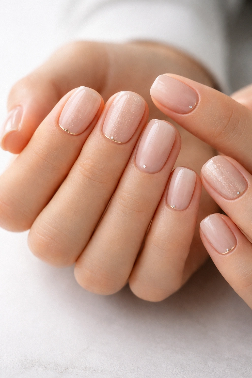 Close-up of hands with short squoval nails showing subtle finishes