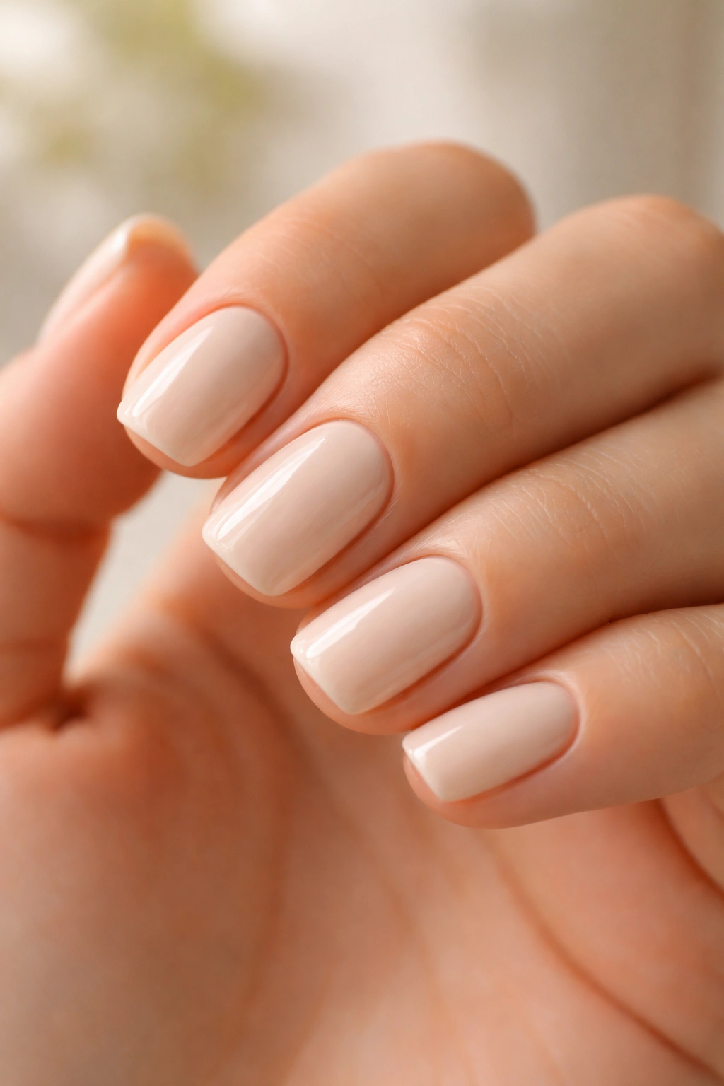 Close-up of hand with short squoval nails in nude polish