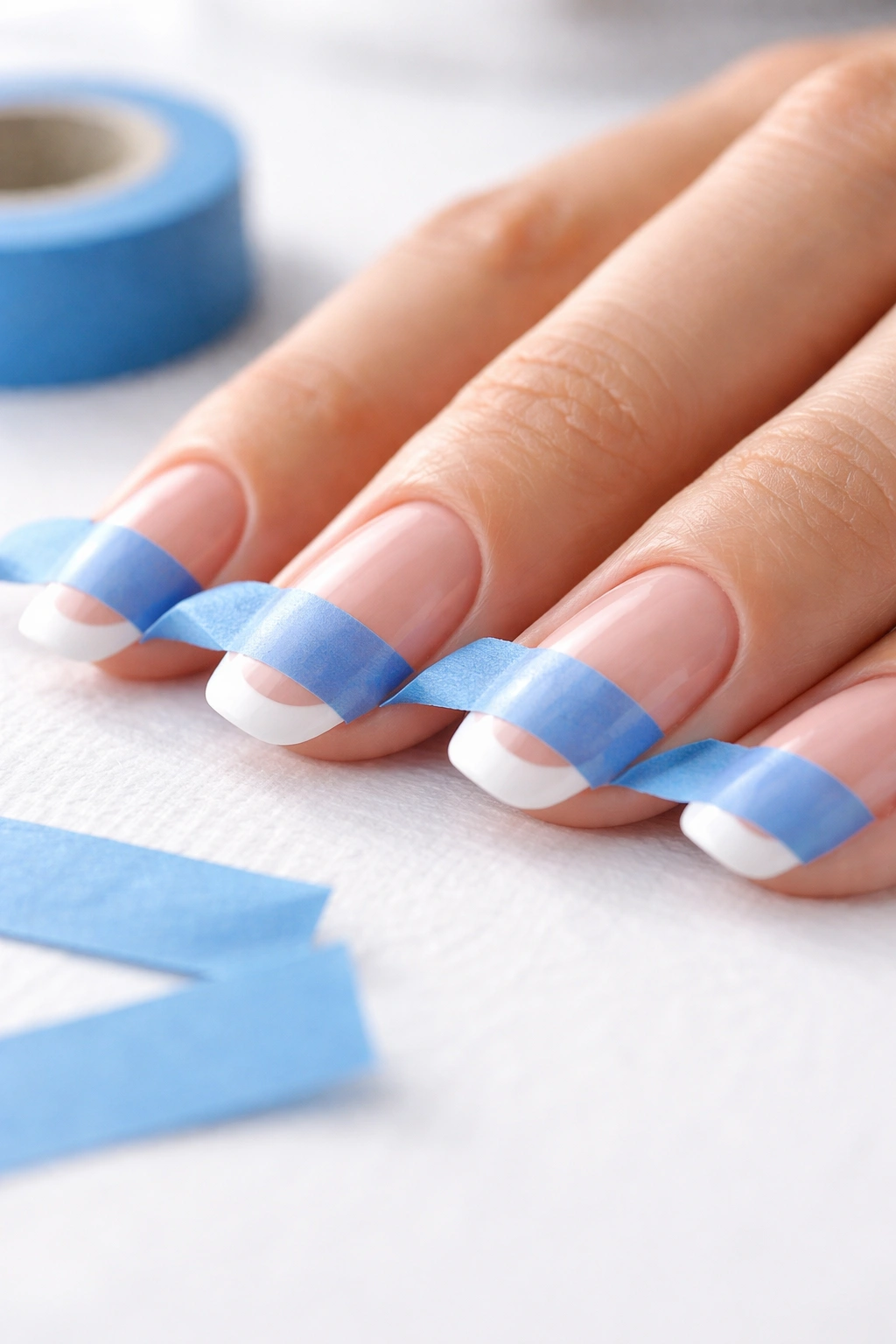 Nails with painter's tape aligned to create clean edge for white tips