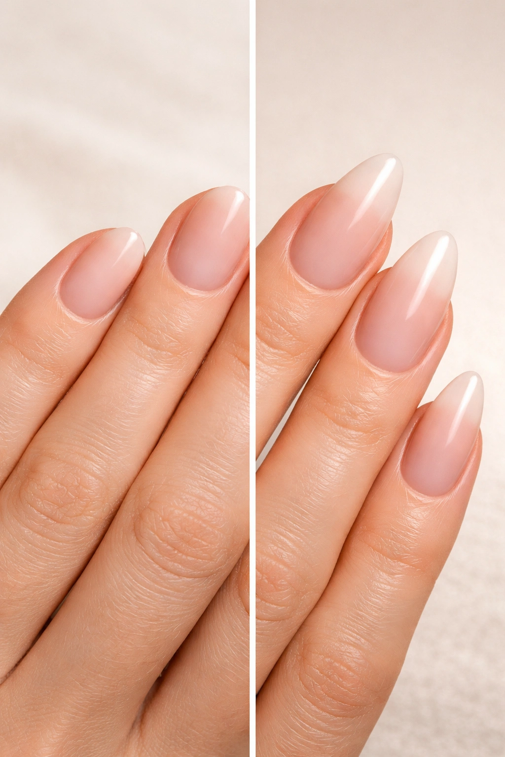 Split image showing transition from round to almond nails