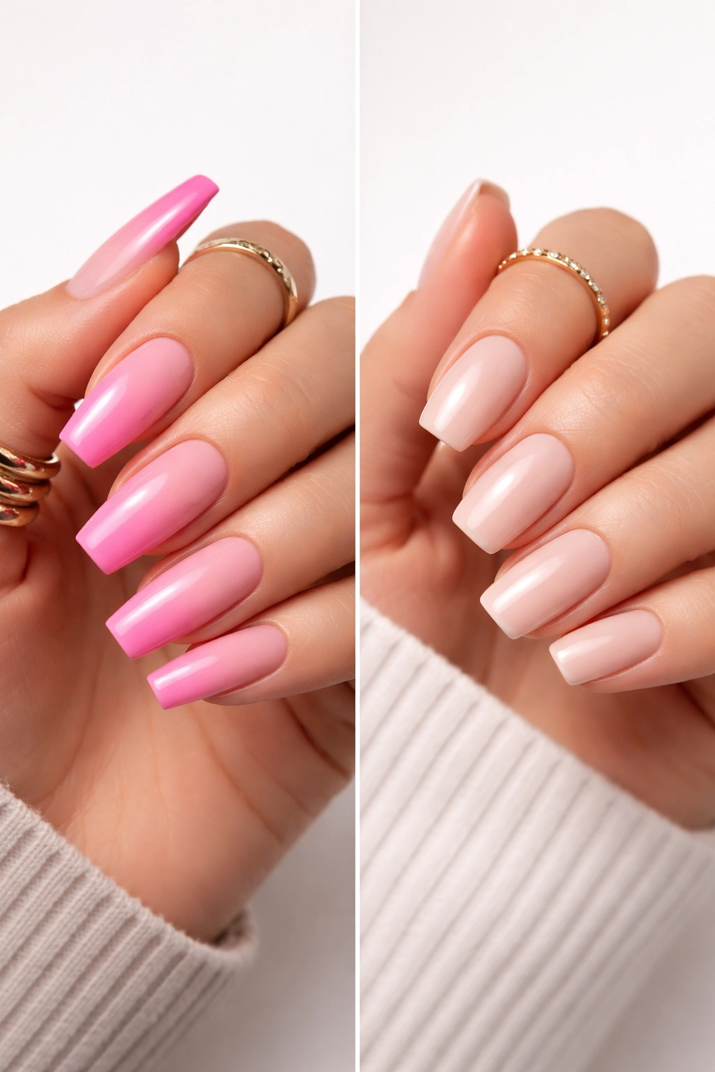 Hands with bold coffin nails and classic squoval nails to illustrate trend versus timeless style
