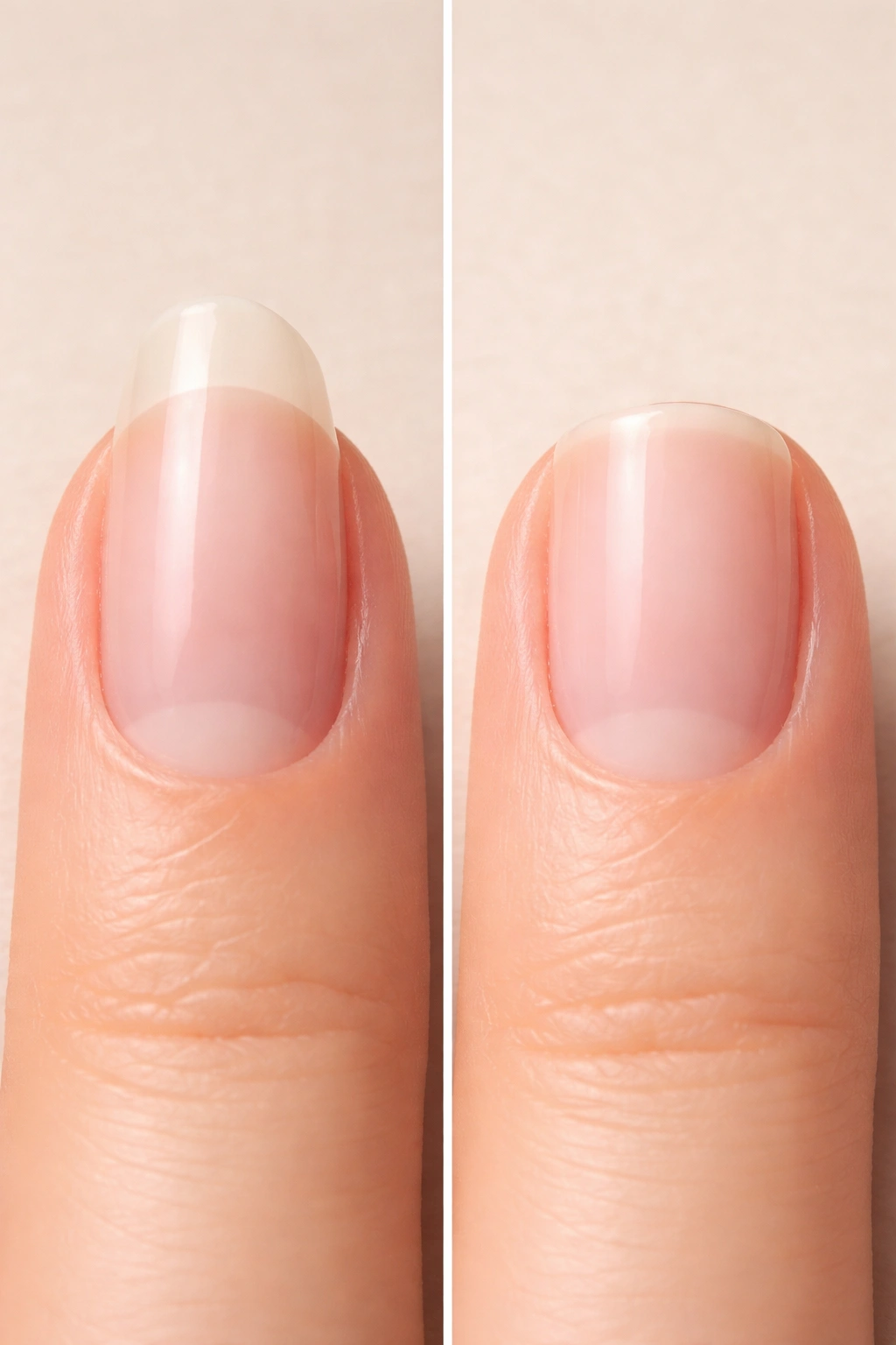 Side-by-side nails showing long natural edge and trimmed edge