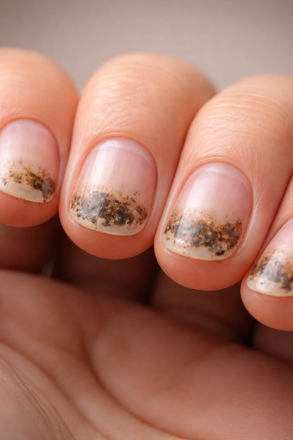 Close-up of fingernails showing grime and keratin debris under the nails