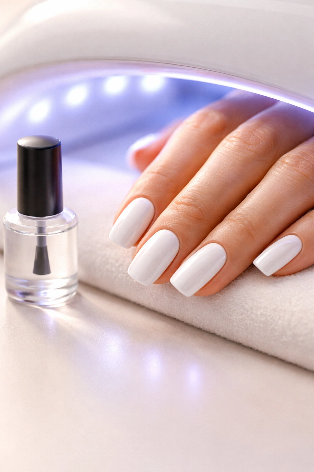 Close-up of a hand with pristine white nails and an unlabeled UV-protective top coat bottle nearby