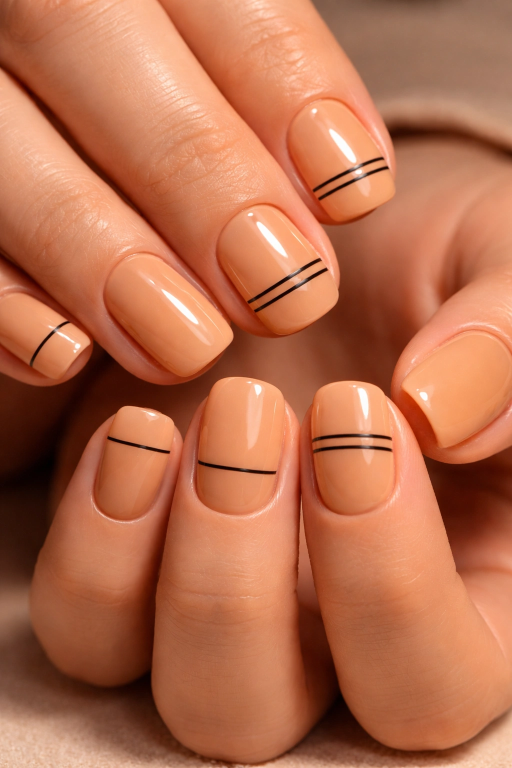 Close-up of short squoval nails in warm honey gel with thin black stripes