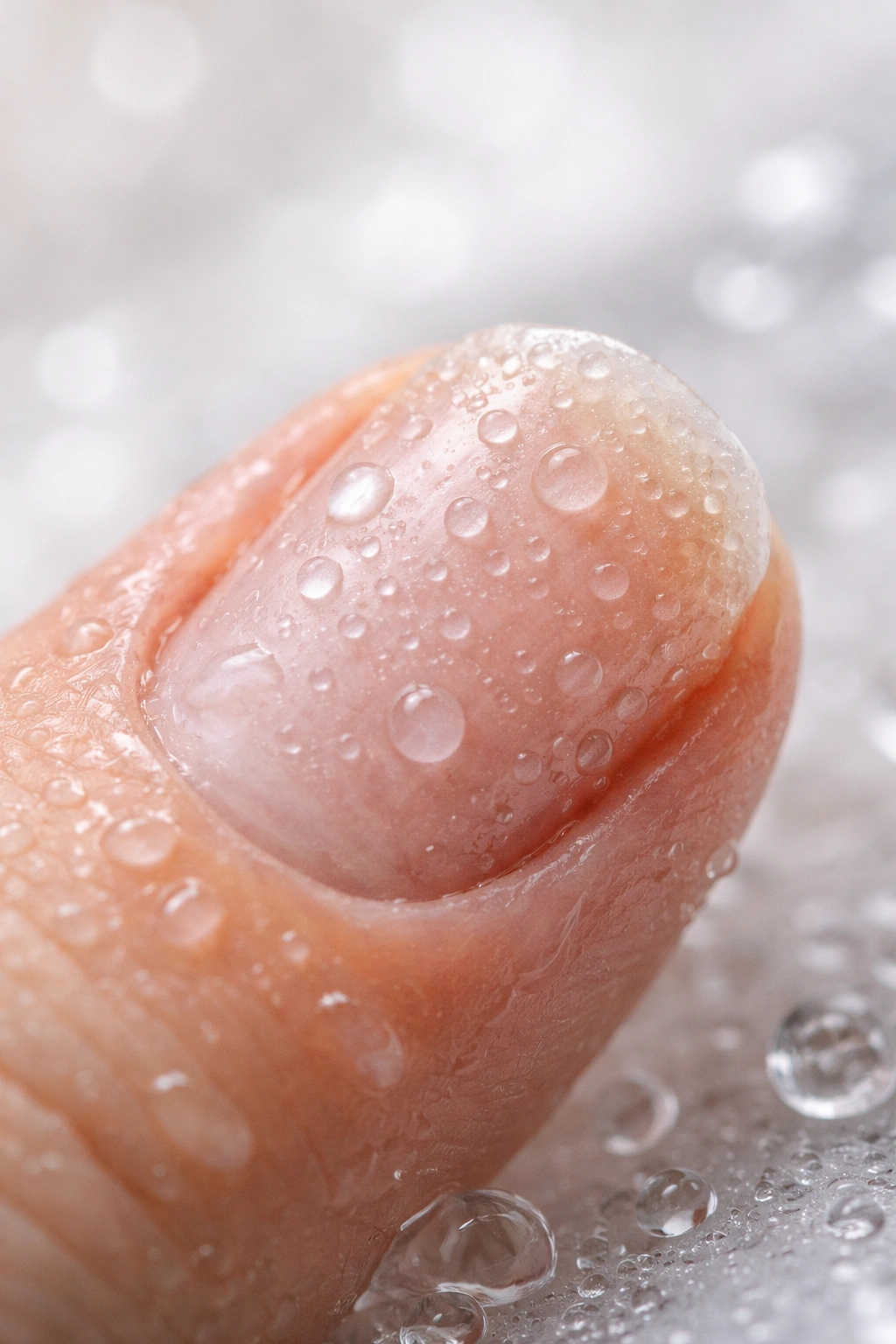 Fingernail with droplets illustrating moisture exposure