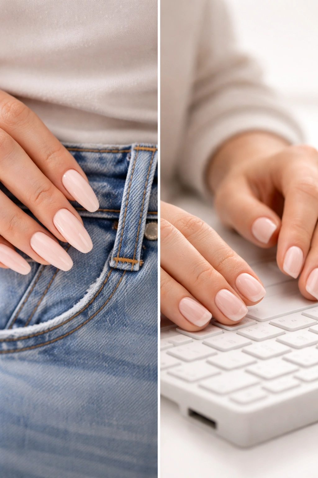 Close-up of hands showing coffin nails and squoval nails side by side to illustrate wearability