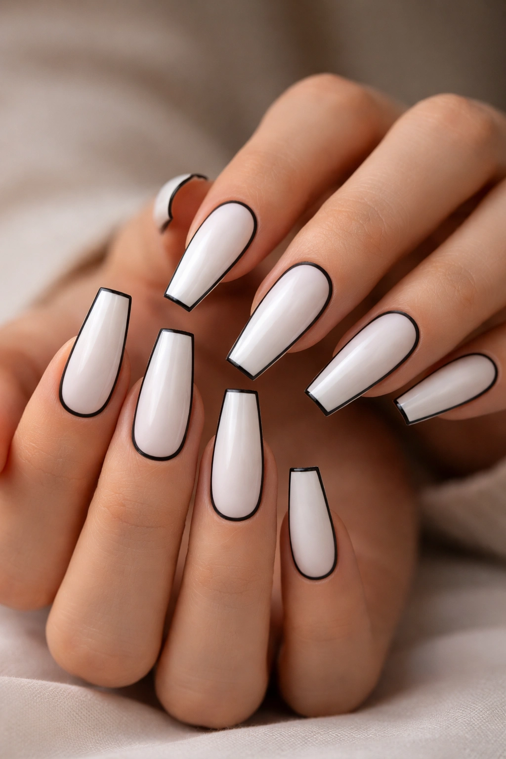 Close-up of white-outlined nails with a soft black frame