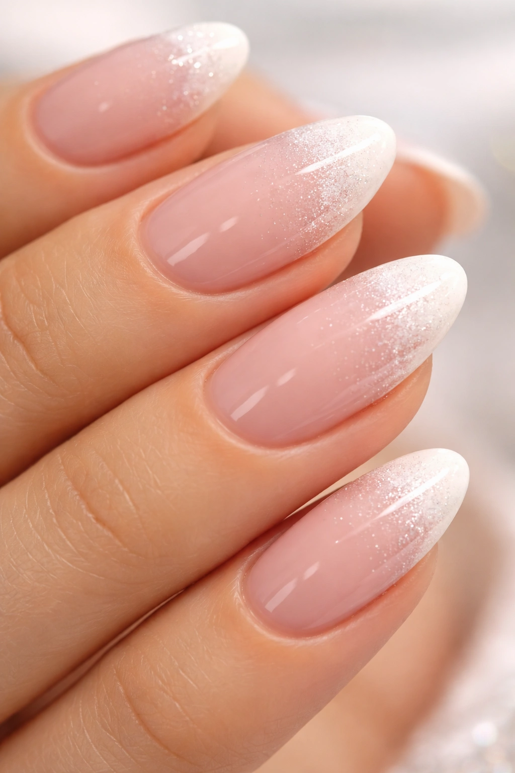 Close-up of a short almond nail with white tip and glitter gradient