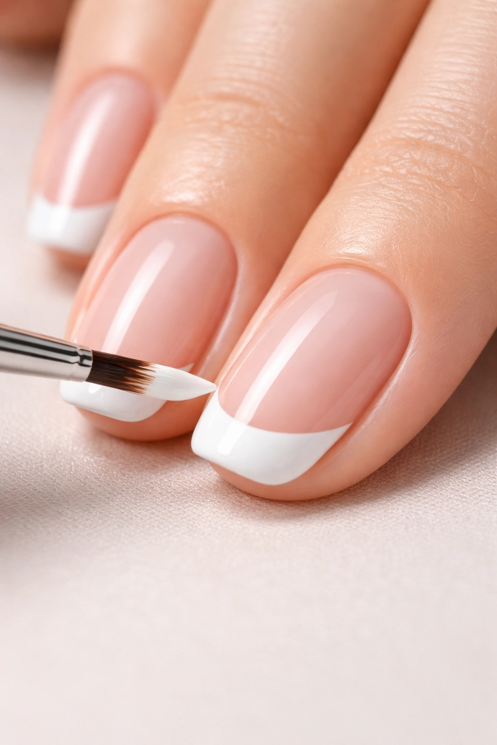 Macro shot of nails with white tips being painted precisely