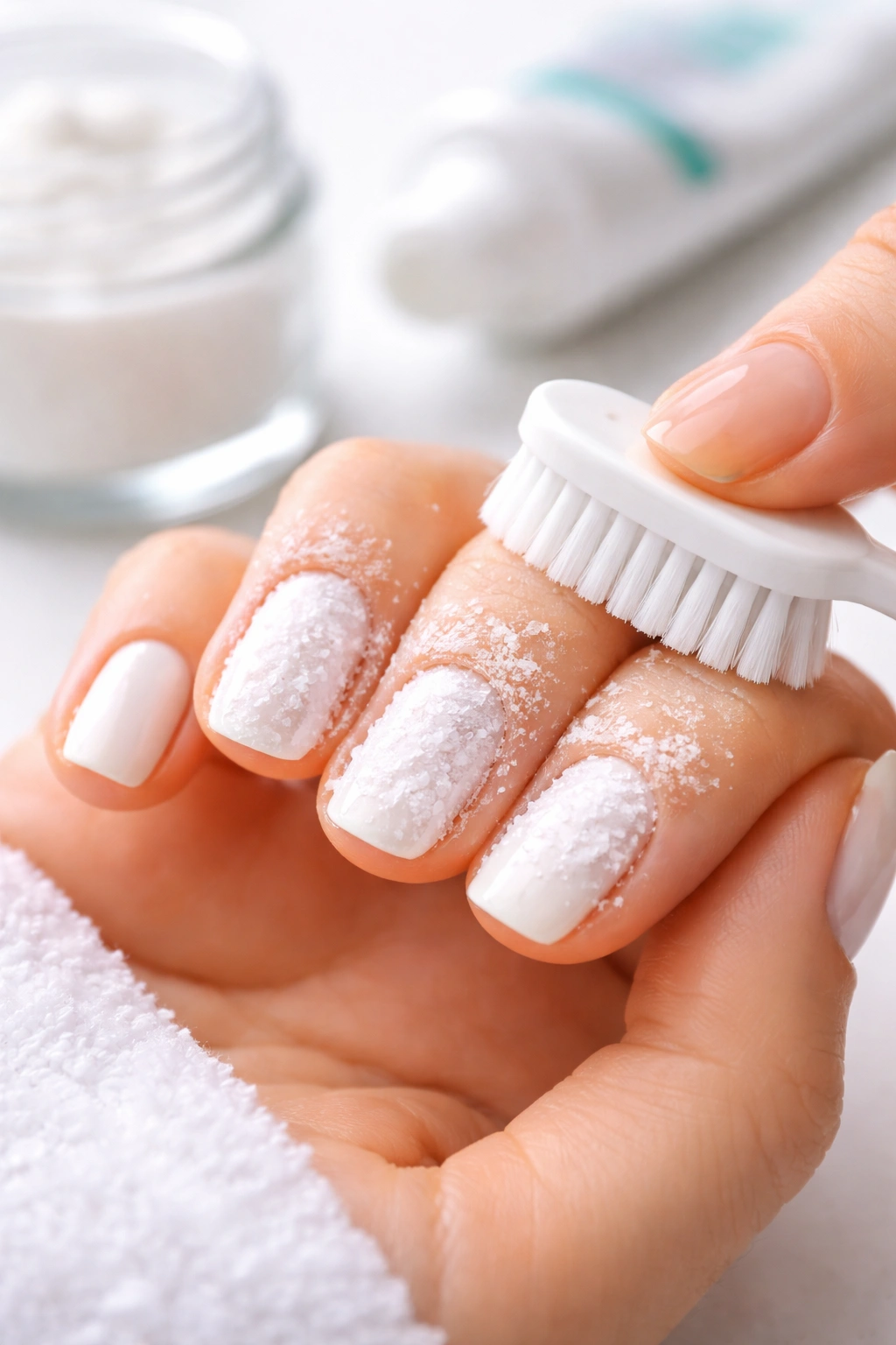 Nails with whitening paste applied as a quick stain remedy