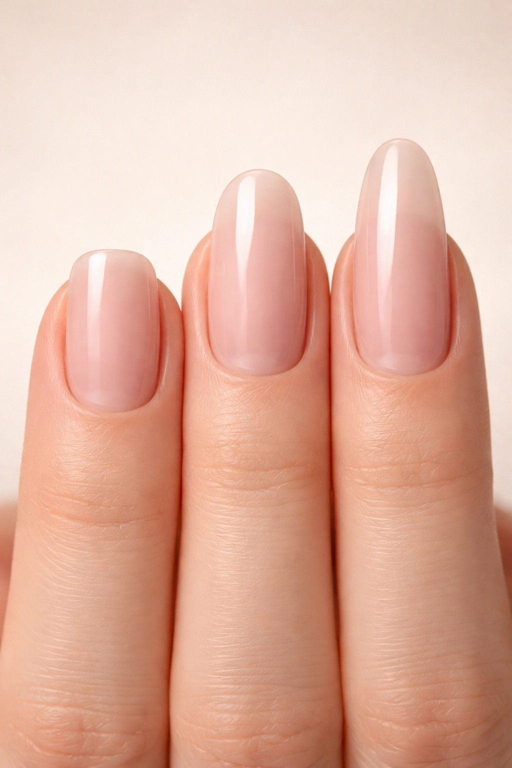 Close-up of a hand showing three nails at short, medium, and long lengths on a wide nail bed