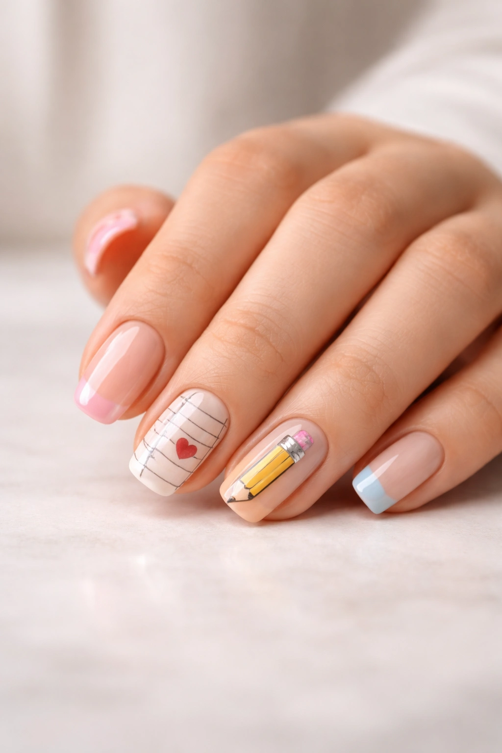 Nails resting on a clean surface with soft lighting