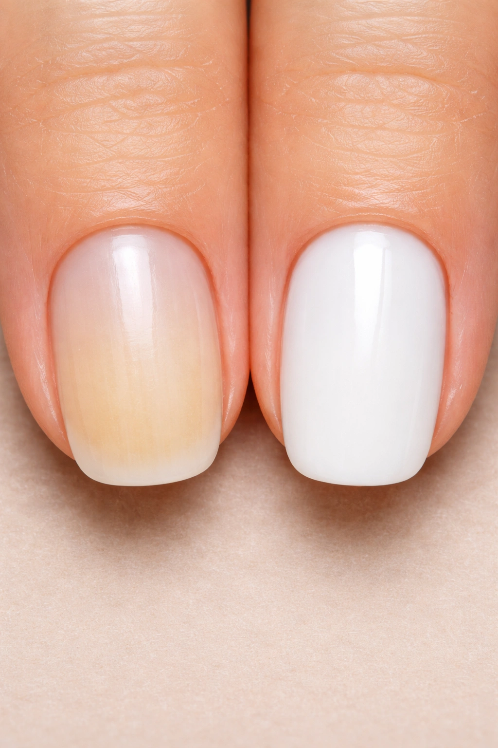 Close-up of two nails showing cosmetic yellowing vs healthy nail