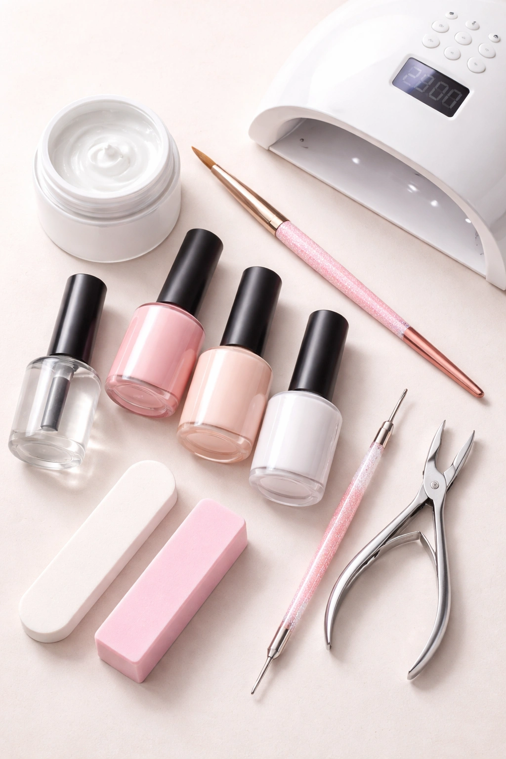 Flat lay of essential tools for 3D flower nails