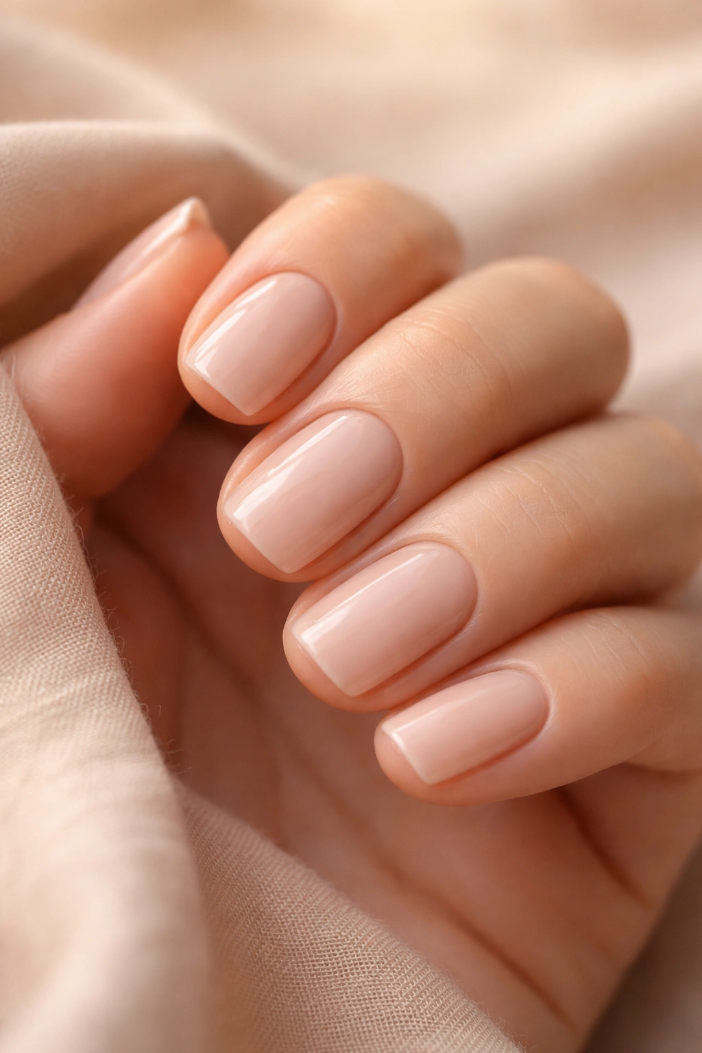 Close-up of short squoval nails with natural buff polish on warm background