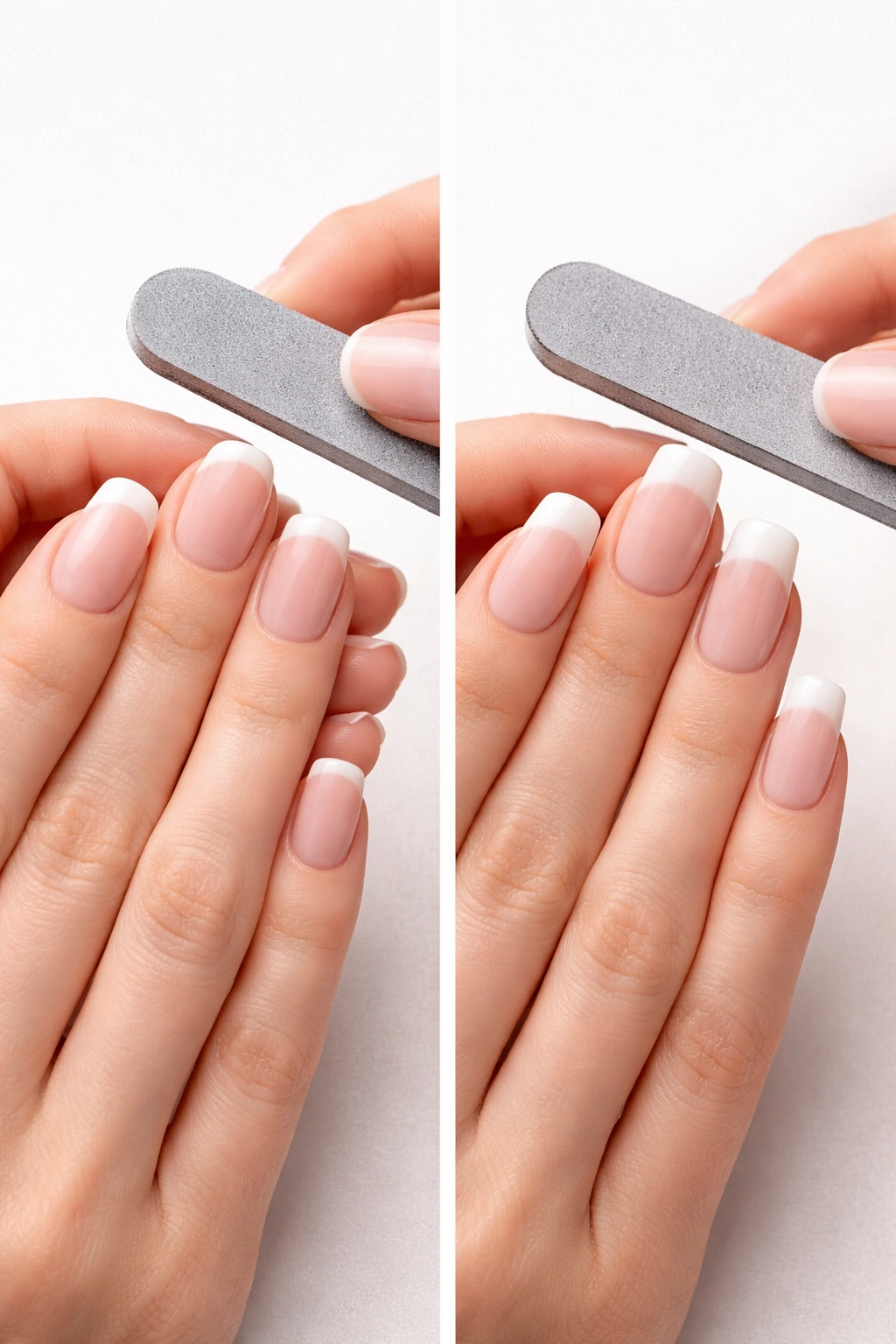 Natural round nails and artificial square nails on two hands illustrating shape creation