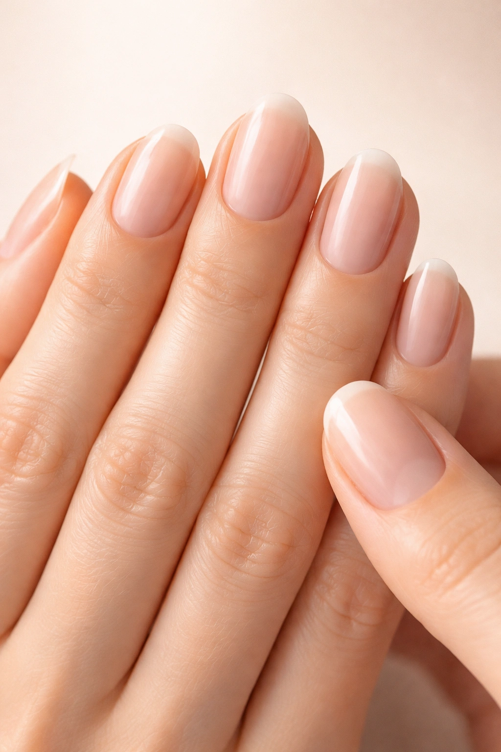 Close-up of a hand examining its natural nail length and shape.