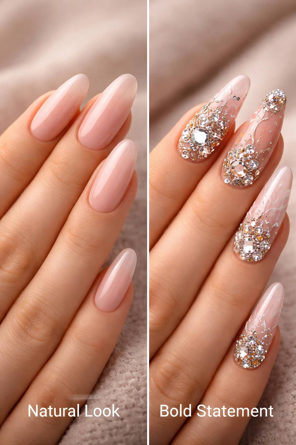 Hand showing natural nude nails and bold jeweled nails