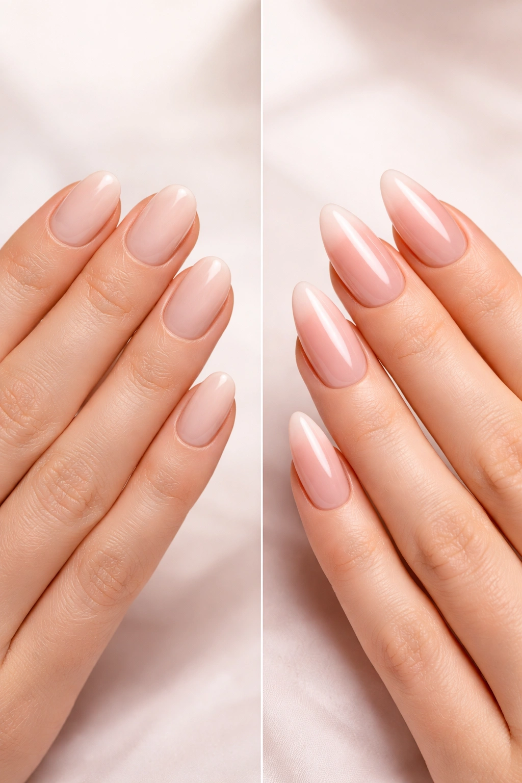 Two hands showing natural nails versus enhanced nails to illustrate shape choices
