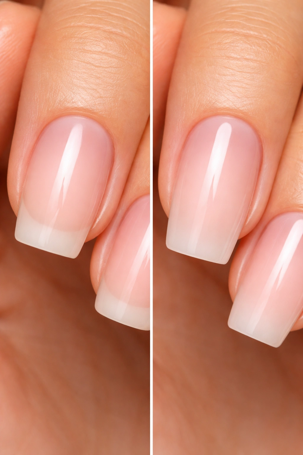 Natural nails and extensions shown with soft square edges